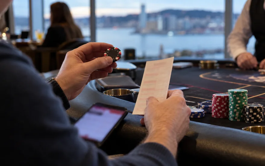 about canadian casino guide — two blurred betting screens, printed bet slip and casino chips in a Canadian documentary scene