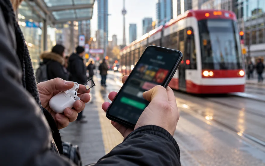 22bet app — phone in hand with a blurred betting-app screen and mobile signal context in a Canadian documentary scene