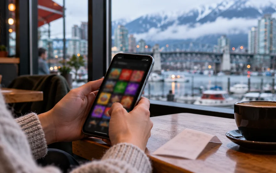 22bet app — phone in hand with a blurred betting-app screen and mobile signal context in a Canadian documentary scene