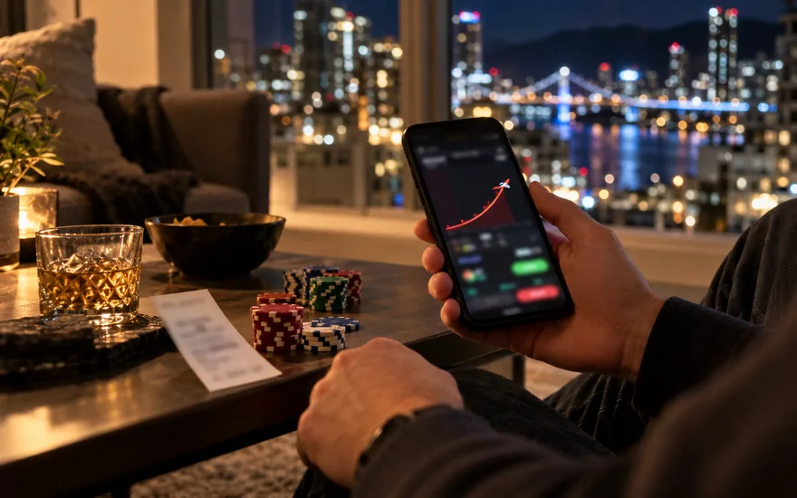 aviator game canada — phone showing an abstract rising crash-game curve beside a bet slip in a Canadian documentary scene