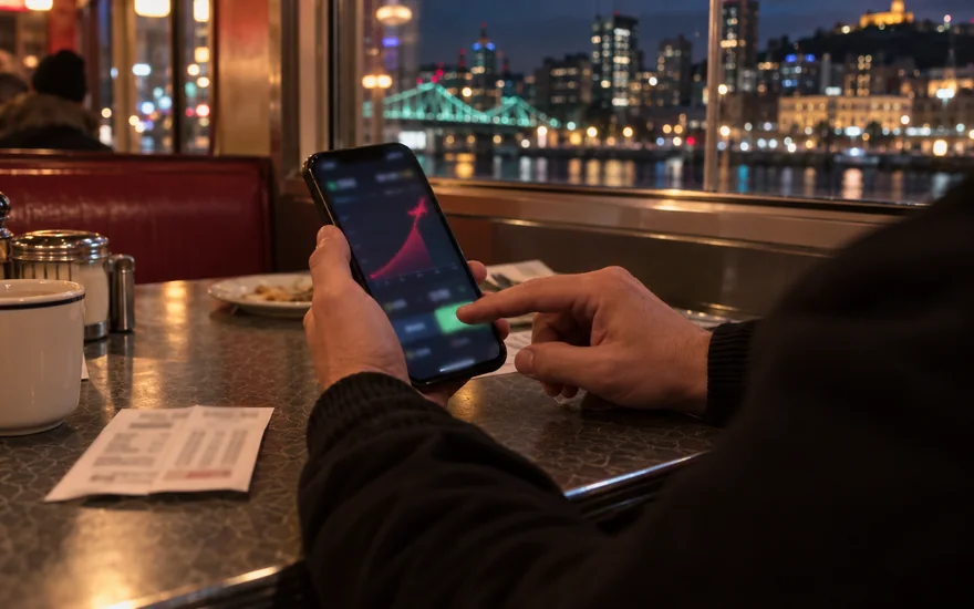 aviator game canada — phone showing an abstract rising crash-game curve beside a bet slip in a Canadian documentary scene