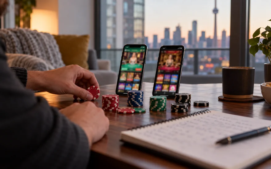 best online casino canada — two blurred betting screens, printed bet slip and casino chips in a Canadian documentary scene