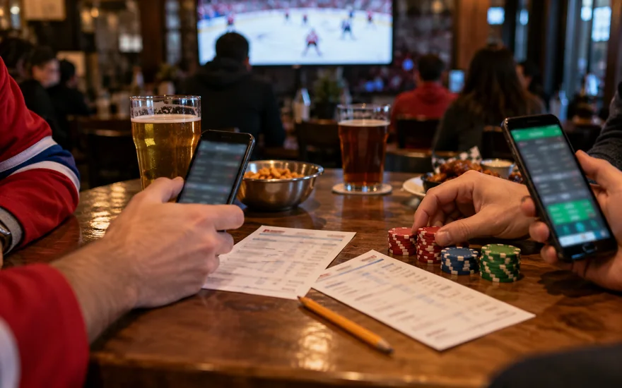 best online casino canada — two blurred betting screens, printed bet slip and casino chips in a Canadian documentary scene