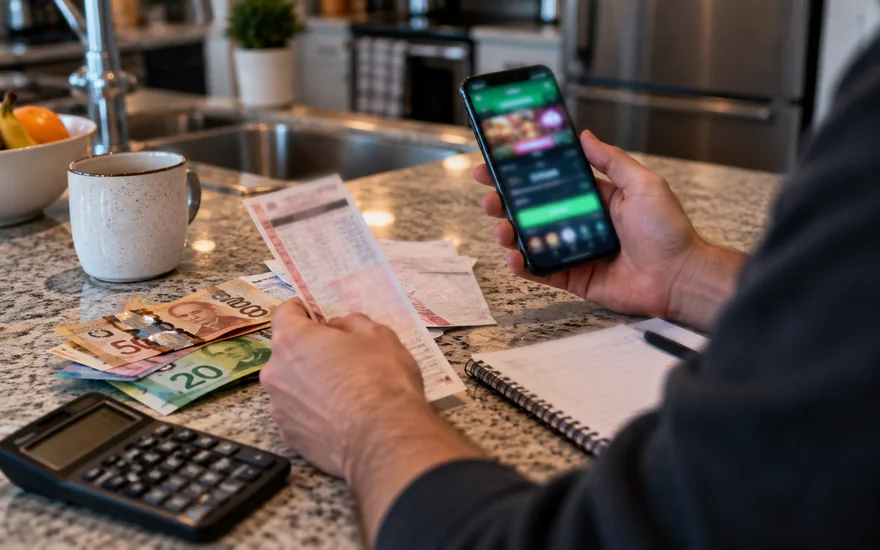 22bet bonus — bonus coupon, calculator or casino chips beside a blurred phone screen in a Canadian documentary scene