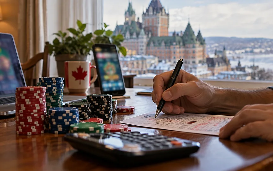22bet bonus — bonus coupon, calculator or casino chips beside a blurred phone screen in a Canadian documentary scene