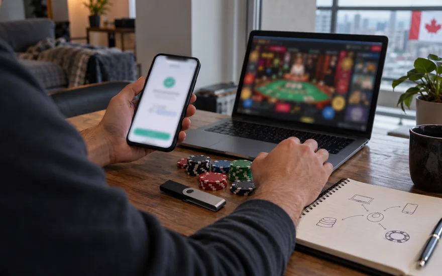 crypto casino canada — phone wallet confirmation, hardware wallet and casino chips in a Canadian documentary scene