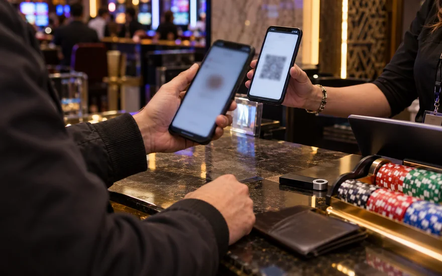 crypto casino canada — phone wallet confirmation, hardware wallet and casino chips in a Canadian documentary scene
