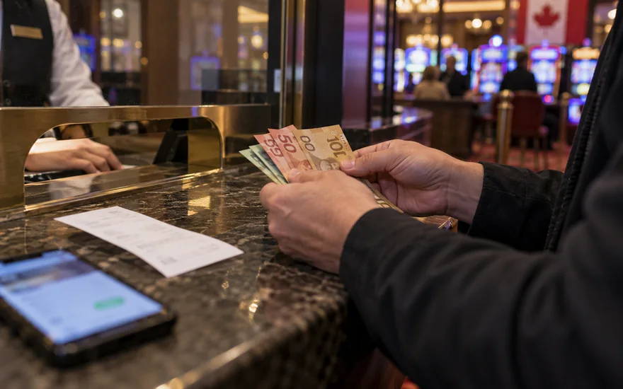 fastest withdrawal online casino canada — cashier or payment counter with terminal, receipt, cash and phone confirmation in a Canadian documentary scene