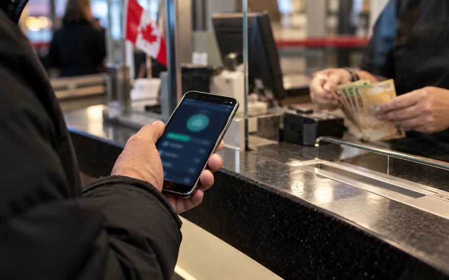 fastest withdrawal online casino canada — cashier or payment counter with terminal, receipt, cash and phone confirmation in a Canadian documentary scene