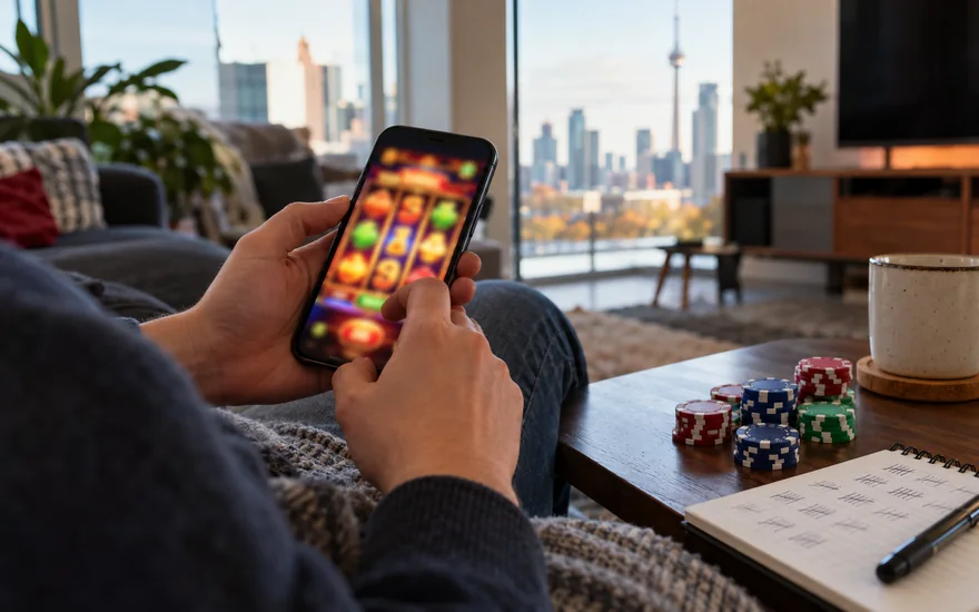 free spins canada — bonus coupon, calculator or casino chips beside a blurred phone screen in a Canadian documentary scene