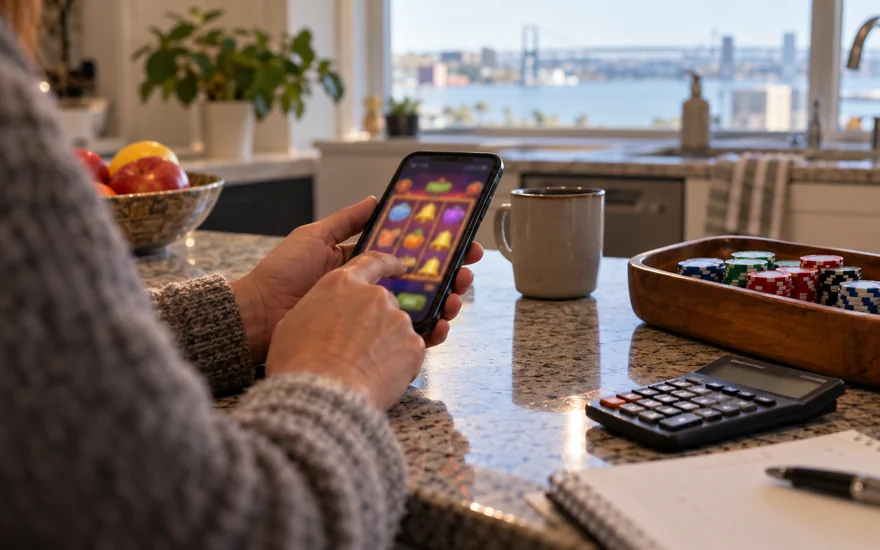 free spins canada — bonus coupon, calculator or casino chips beside a blurred phone screen in a Canadian documentary scene