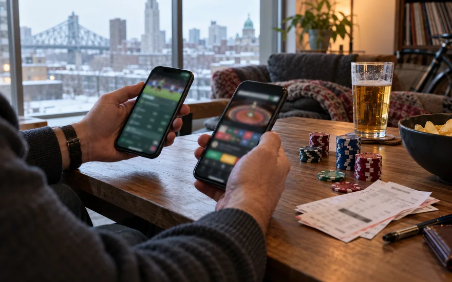 22bet avis — two blurred betting screens, printed bet slip and casino chips in a Canadian documentary scene