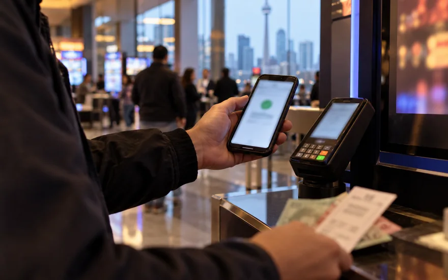 interac casino — cashier or payment counter with terminal, receipt, cash and phone confirmation in a Canadian documentary scene