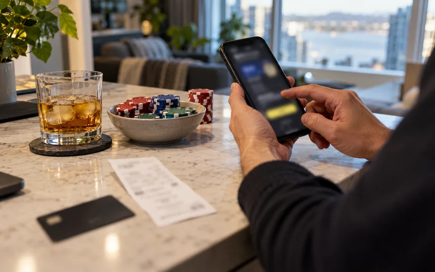 interac casino — cashier or payment counter with terminal, receipt, cash and phone confirmation in a Canadian documentary scene