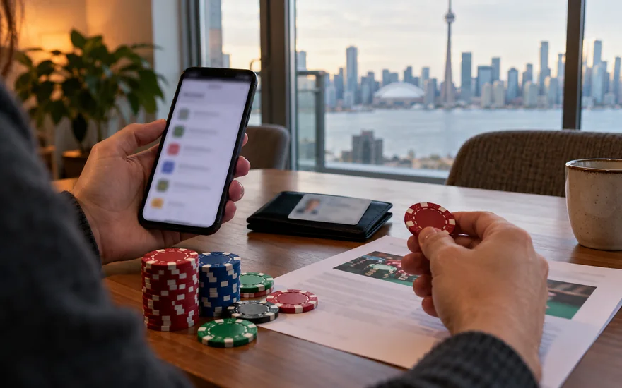 legal online casino canada — phone with blurred account screen beside identity document or SIM card in a Canadian documentary scene
