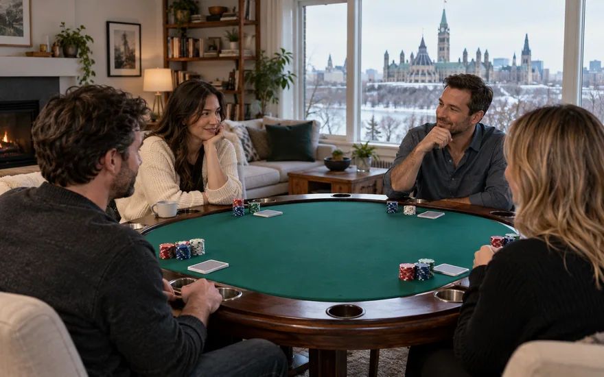 live casino canada — ottawa living room, empty felt card table with plain unnumbered chips and face-down cards, daylight