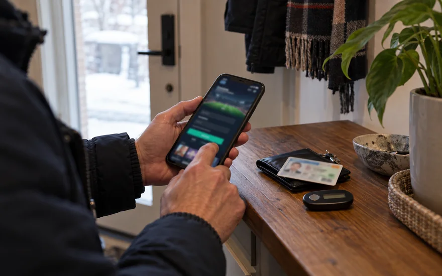 22bet login — phone with blurred account screen beside identity document or SIM card in a Canadian documentary scene
