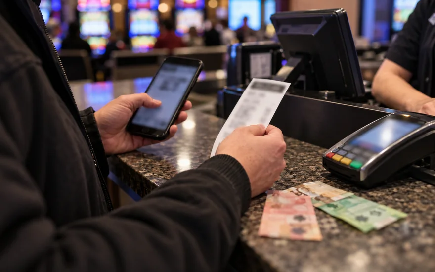 minimum deposit casino — cashier or payment counter with terminal, receipt, cash and phone confirmation in a Canadian documentary scene