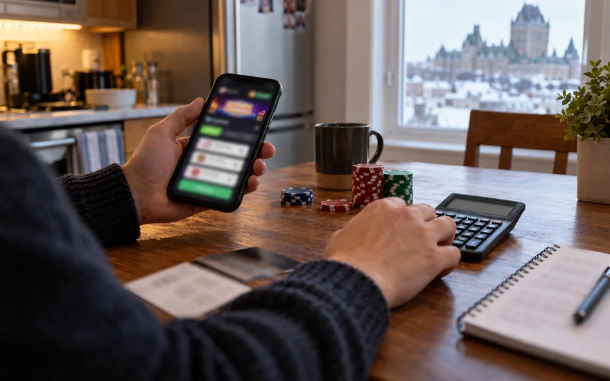 minimum deposit casino — cashier or payment counter with terminal, receipt, cash and phone confirmation in a Canadian documentary scene