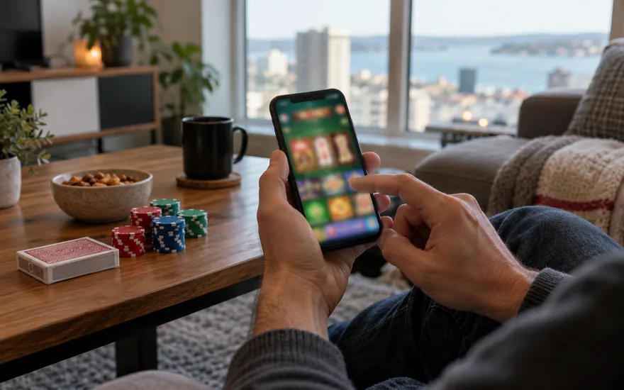 new online casino canada — two blurred betting screens, printed bet slip and casino chips in a Canadian documentary scene