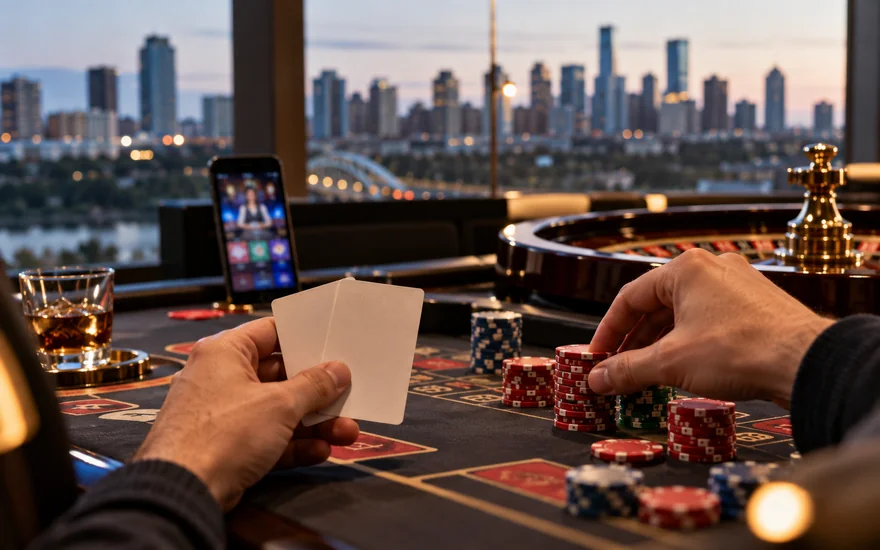 new online casino canada — two blurred betting screens, printed bet slip and casino chips in a Canadian documentary scene