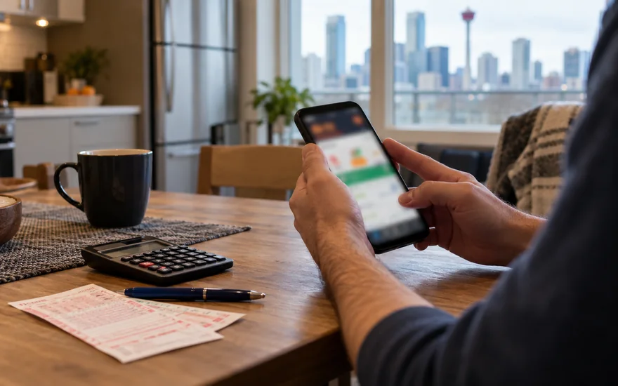 no deposit bonus canada — bonus coupon, calculator or casino chips beside a blurred phone screen in a Canadian documentary scene
