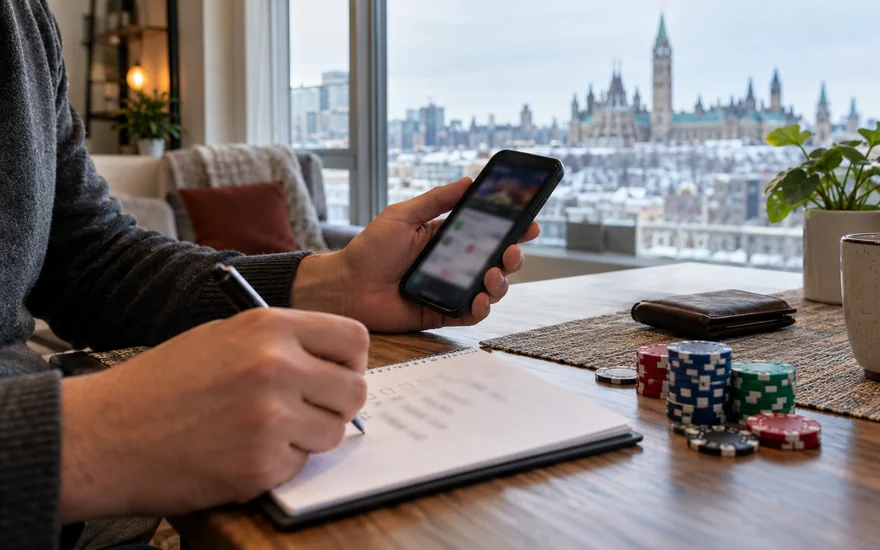 no deposit bonus canada — bonus coupon, calculator or casino chips beside a blurred phone screen in a Canadian documentary scene