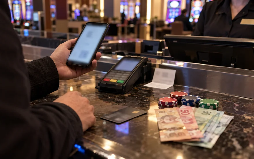 casino payment methods — cashier or payment counter with terminal, receipt, cash and phone confirmation in a Canadian documentary scene