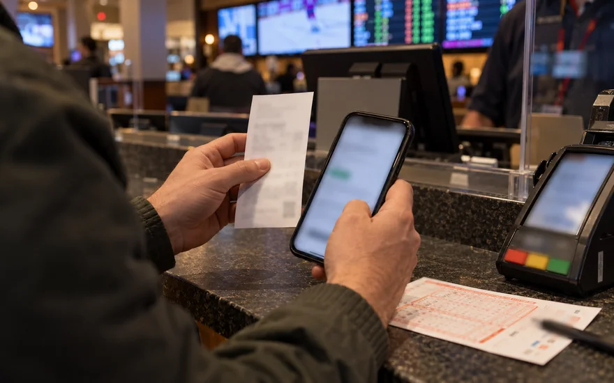 casino payment methods — cashier or payment counter with terminal, receipt, cash and phone confirmation in a Canadian documentary scene