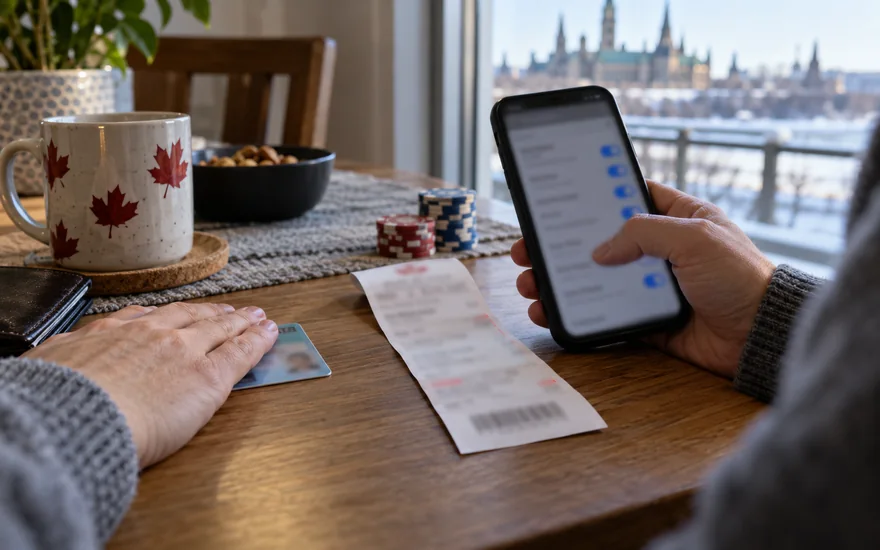 privacy policy — phone with blurred account screen beside identity document or SIM card in a Canadian documentary scene