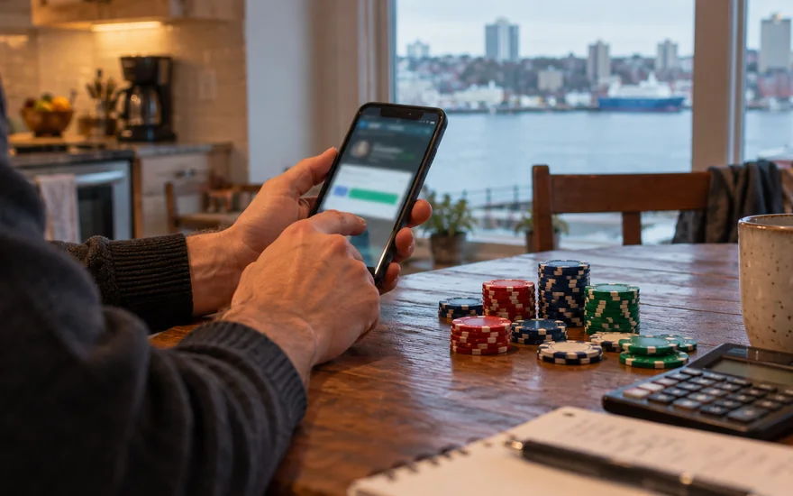 22bet promo code — bonus coupon, calculator or casino chips beside a blurred phone screen in a Canadian documentary scene