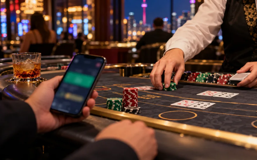 real money online casino canada — casino table, chips, cards, roulette wheel or slot reels on a phone in a Canadian documentary scene