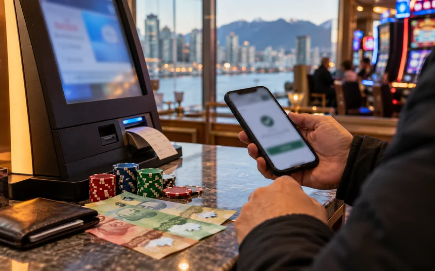 real money online casino canada — casino table, chips, cards, roulette wheel or slot reels on a phone in a Canadian documentary scene