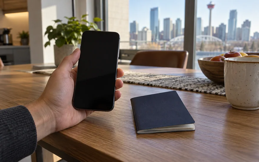 22bet registration — calgary kitchen table, adult hand holding plain smartphone with blank screen beside a closed passport with absolutely no lettering
