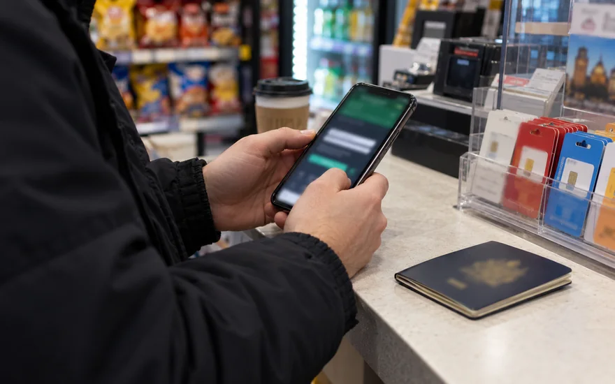 22bet registration — phone with blurred account screen beside identity document or SIM card in a Canadian documentary scene