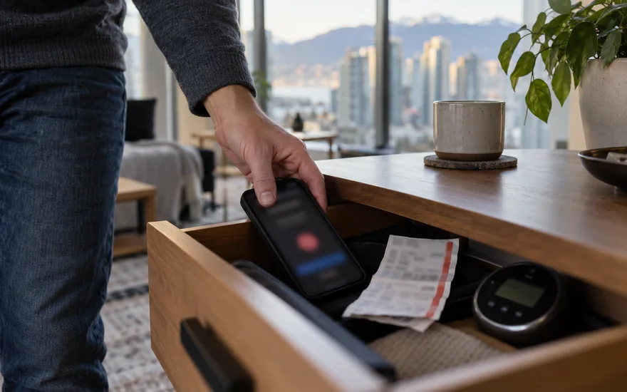 responsible gambling canada — phone limit controls, timer, closed wallet and casino chips pushed aside in a Canadian documentary scene