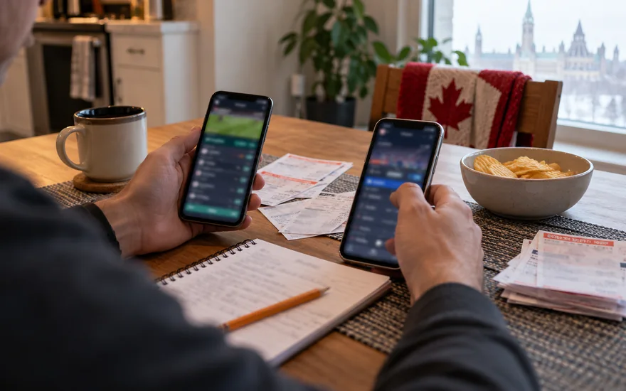 22bet review — two blurred betting screens, printed bet slip and casino chips in a Canadian documentary scene