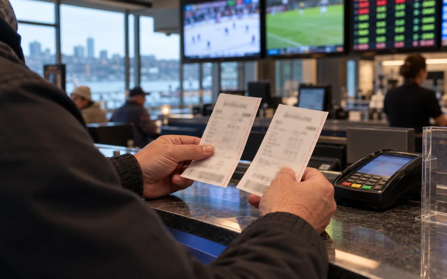 22bet review — two blurred betting screens, printed bet slip and casino chips in a Canadian documentary scene