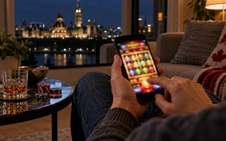 best online slots canada — casino table, chips, cards, roulette wheel or slot reels on a phone in a Canadian documentary scene