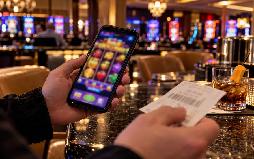best online slots canada — casino table, chips, cards, roulette wheel or slot reels on a phone in a Canadian documentary scene