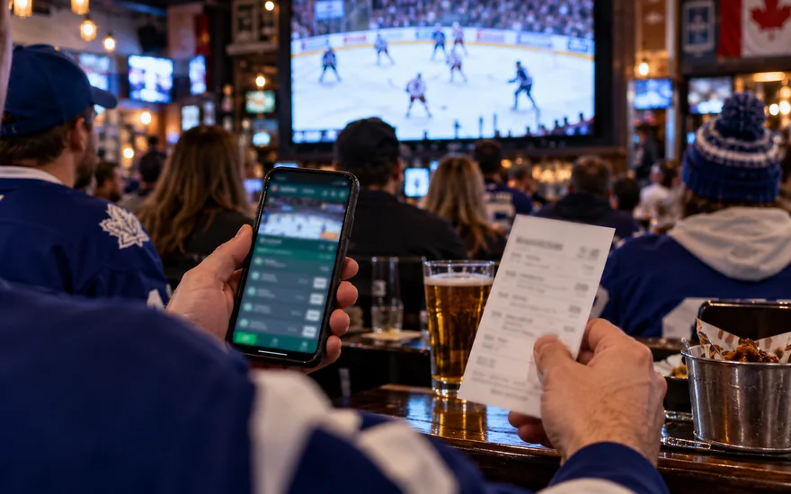 22bet sports — stadium or televised match with a phone betting screen and paper bet slip in a Canadian documentary scene
