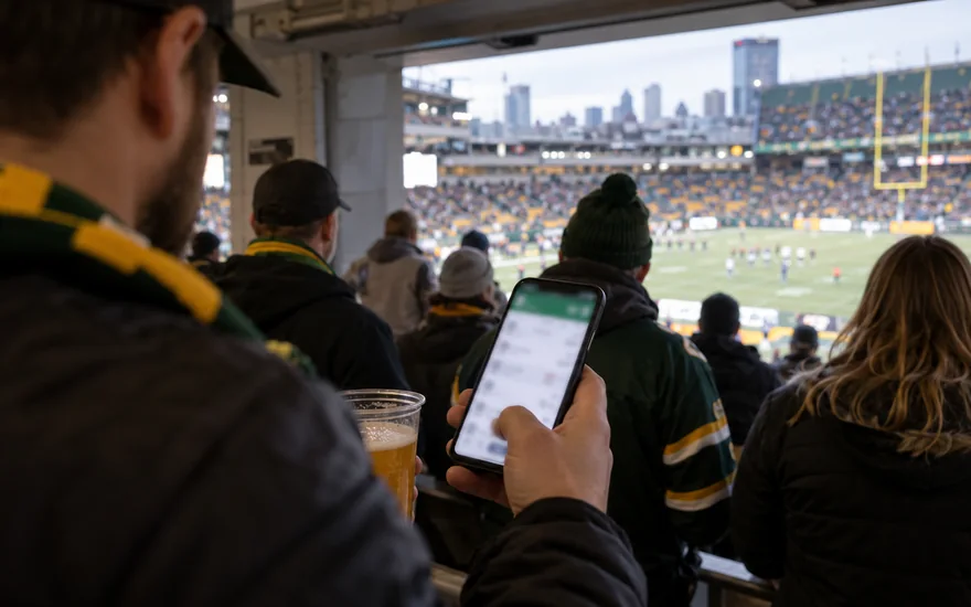 22bet sports — stadium or televised match with a phone betting screen and paper bet slip in a Canadian documentary scene
