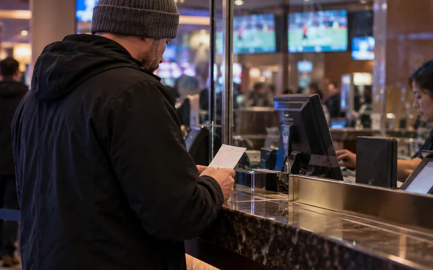 22bet support — printed wager receipt or casino rules beside a blurred betting screen in a Canadian documentary scene