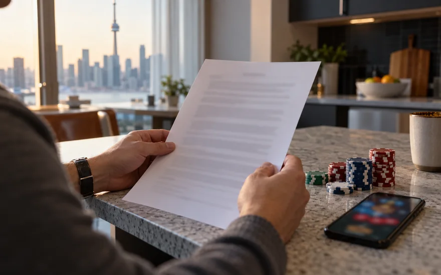 terms of use — printed wager receipt or casino rules beside a blurred betting screen in a Canadian documentary scene