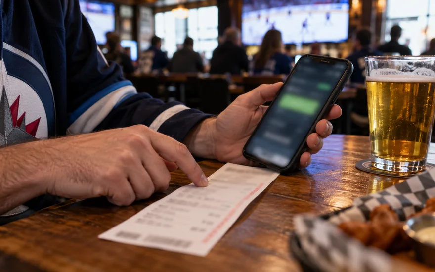 terms of use — printed wager receipt or casino rules beside a blurred betting screen in a Canadian documentary scene