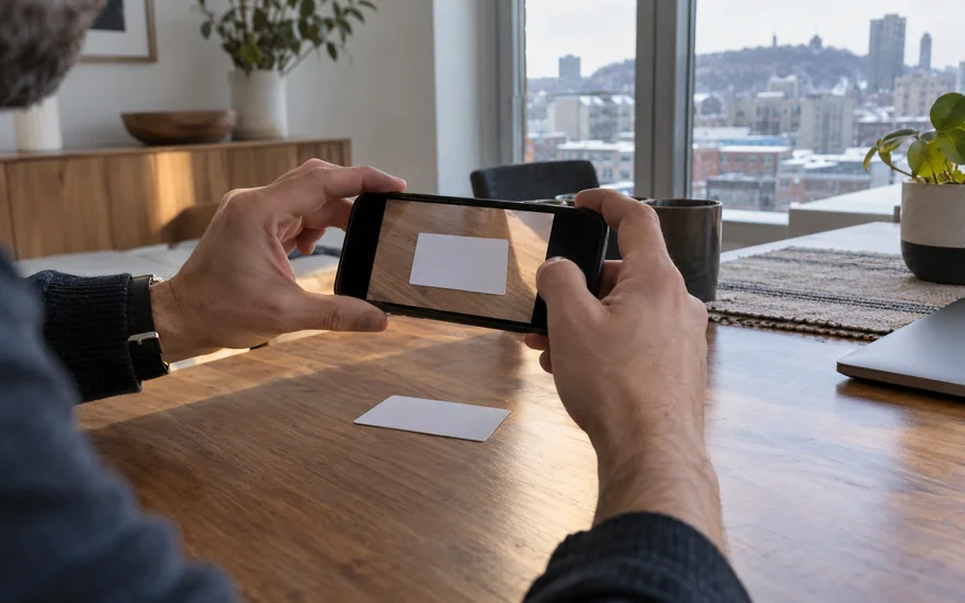 22bet verification — montreal apartment daylight, adult hands using phone camera over an unmarked identity card with no writing