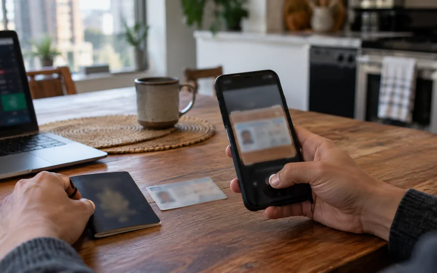 22bet verification — phone with blurred account screen beside identity document or SIM card in a Canadian documentary scene