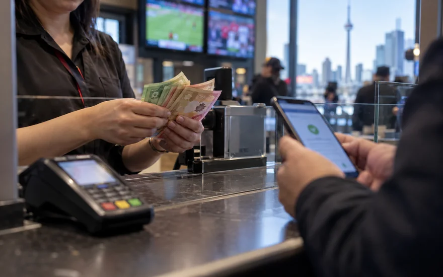22bet withdrawal — cashier or payment counter with terminal, receipt, cash and phone confirmation in a Canadian documentary scene