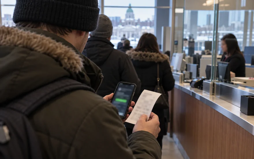 22bet withdrawal — cashier or payment counter with terminal, receipt, cash and phone confirmation in a Canadian documentary scene